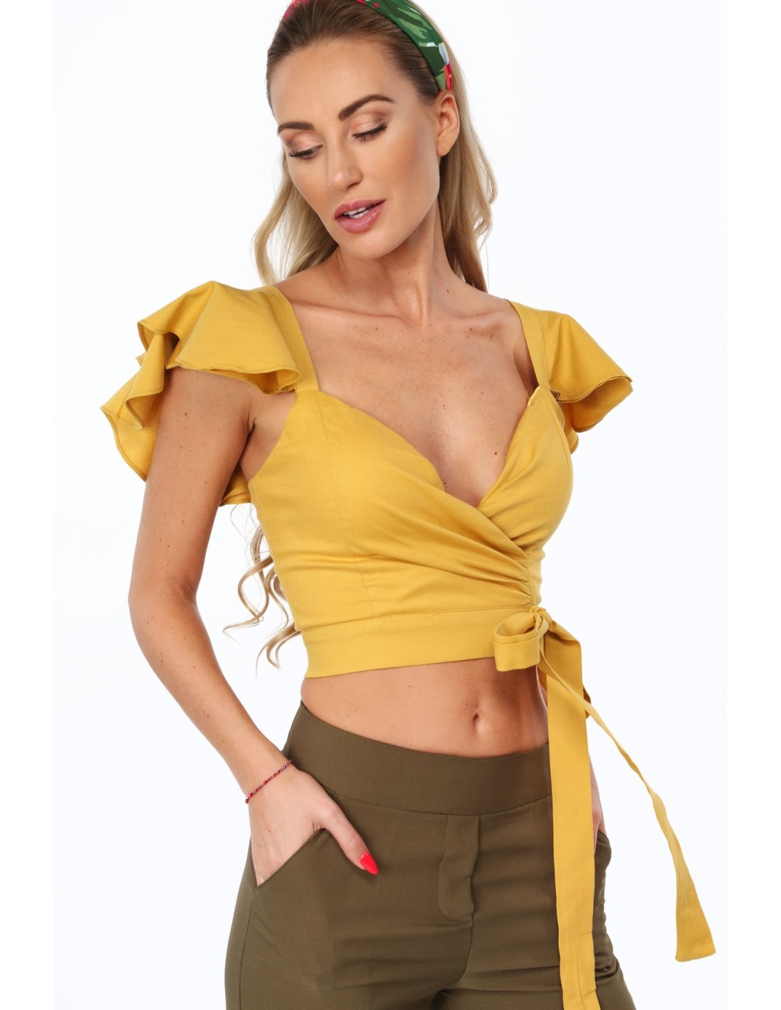 Senffarbene Bluse mit Rüschen an den Schultern 97300 – Online-Shop – Boutique